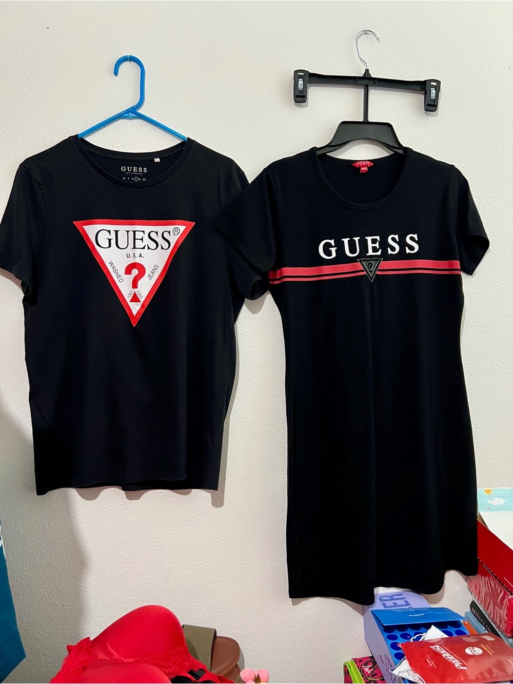 GUESS Black Tee & Black Dress with Red and White Logo Accents Bundle